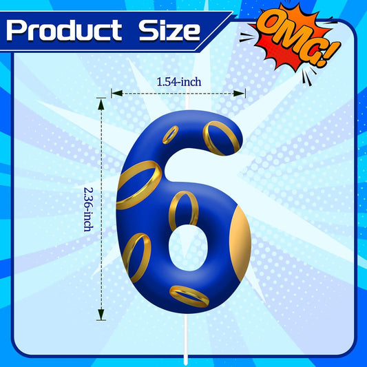 Birthday Cake Candles - Blue and Golden Ring Number Candles with Vibrant Designs for Boys & Girls, Theme Birthday Party Decorations,Cake Toppers for Theme Parties(Number 6)