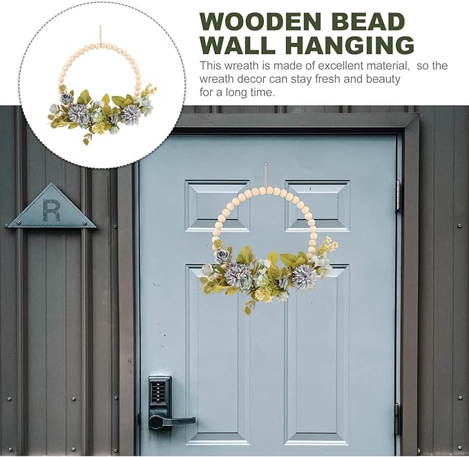 DECHOUS Wood Bead Garland Floral Hoop Wreath Wall Hanging Decor Artificial Flower with Eucalyptus Leaves Hanging Hoop Wreath for Thanksgiving Xmas Wedding Arch Backdrop Door Dark Blue