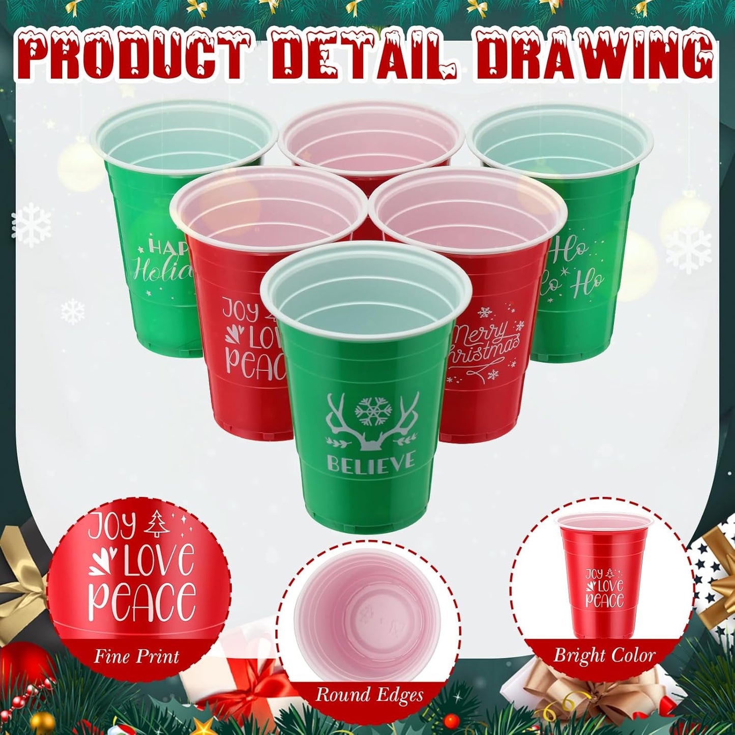 Sliner 120 Pcs 16 oz Christmas Plastic Disposable Cups Bulk Snowflake Elk Star Christmas Tree Drinking Cups for Xmas Birthday Party Supplies (Red,Green)