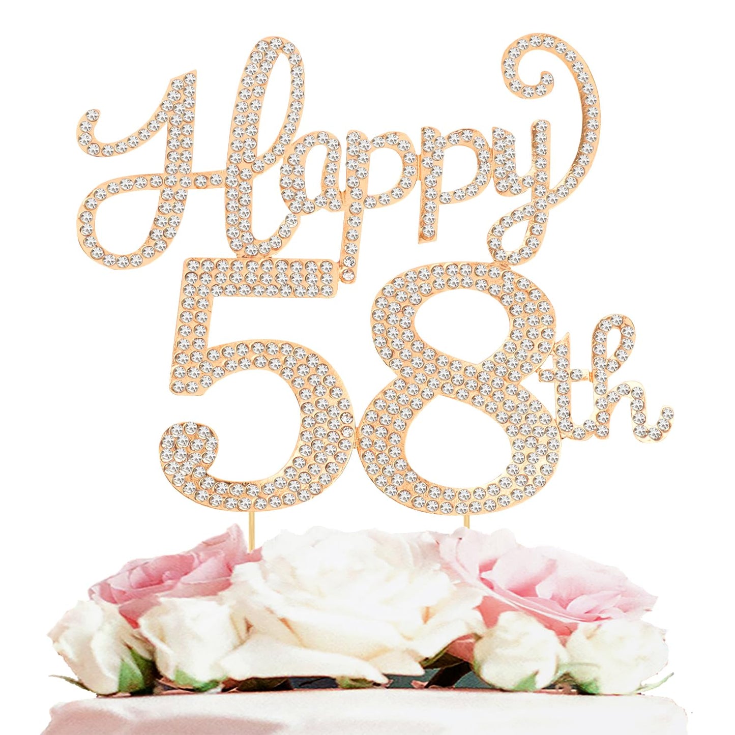 Happy 58th Birthday Decorations,58th Birthday Gold Rhinestone Cake Topper - Cheers to 58 Years Old Bday Party Metal Sparkly Cake Centerpieces Sign.