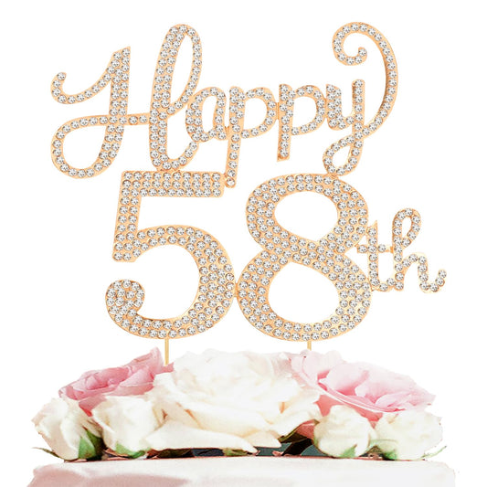 Happy 58th Birthday Decorations,58th Birthday Gold Rhinestone Cake Topper - Cheers to 58 Years Old Bday Party Metal Sparkly Cake Centerpieces Sign.
