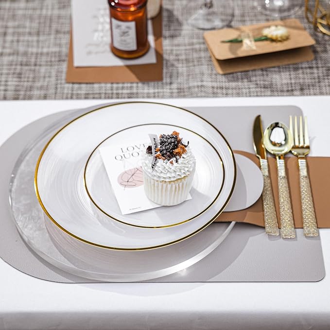 N9R 60PCS White Plastic Plates with Gold Rim, Elegant Disposable Plates, Circular Ribbed Design, 30 Dinner & 30 Dessert Plate for Parties, Weddings, Banquets, and Events (Translucent White)
