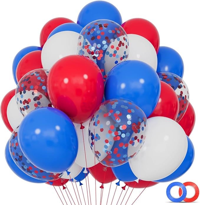 Red White Blue Latex Balloons 68 Pack, 12 Inch Patriotic Balloons with Confetti, Party Decorations for 4th of July, Independence Day, Graduation, Birthday, Air Helium Fill.