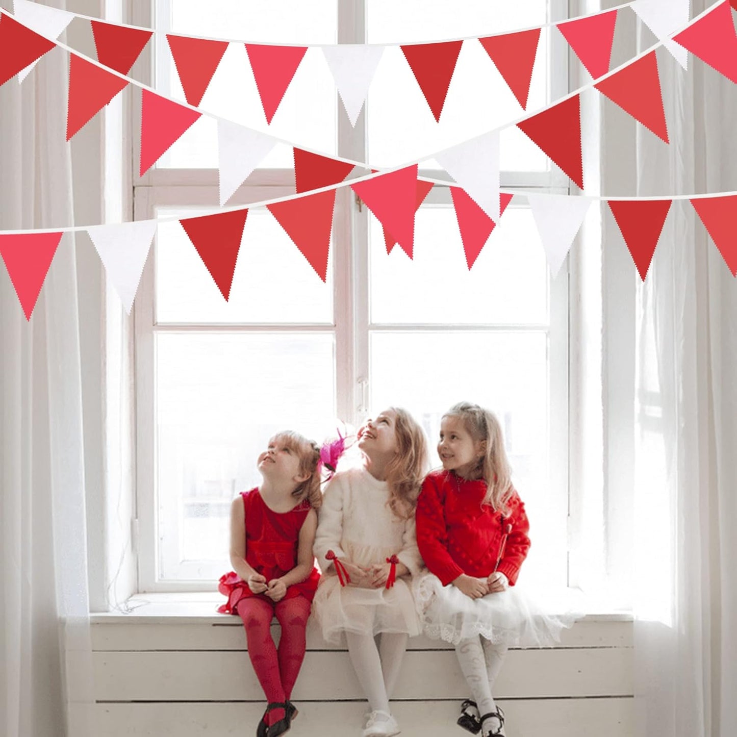 32Ft Red Pennant Banner Fabric Triangle Flag Bunting Garland Streamers for Wedding Engagement Bridal Shower Anniversary Bachelorette Birthday Party Home Outdoor Garden Hanging Festivals Decoration