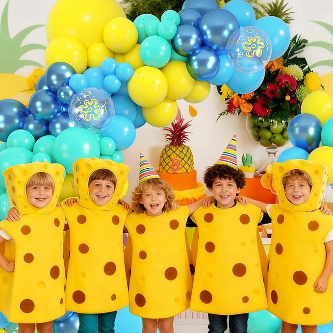 Amandir 153pcs Blue and Yellow Balloons Arch Garland Kit, Different Sizes 18 12 10 5inch Teal Metallic Blue Yellow Flower Printed Clear Balloons for Cartoon Birthday Sea Theme Shower Party Decorations