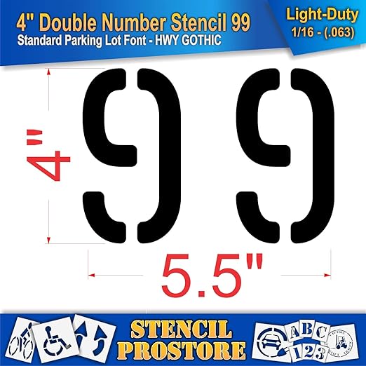 Pavement, Curb, and WheelStop Stencils - 4 inch Double Number Stencil - (99) - 4" x 5.5" x 1/16" (63 mil) - Light-Duty