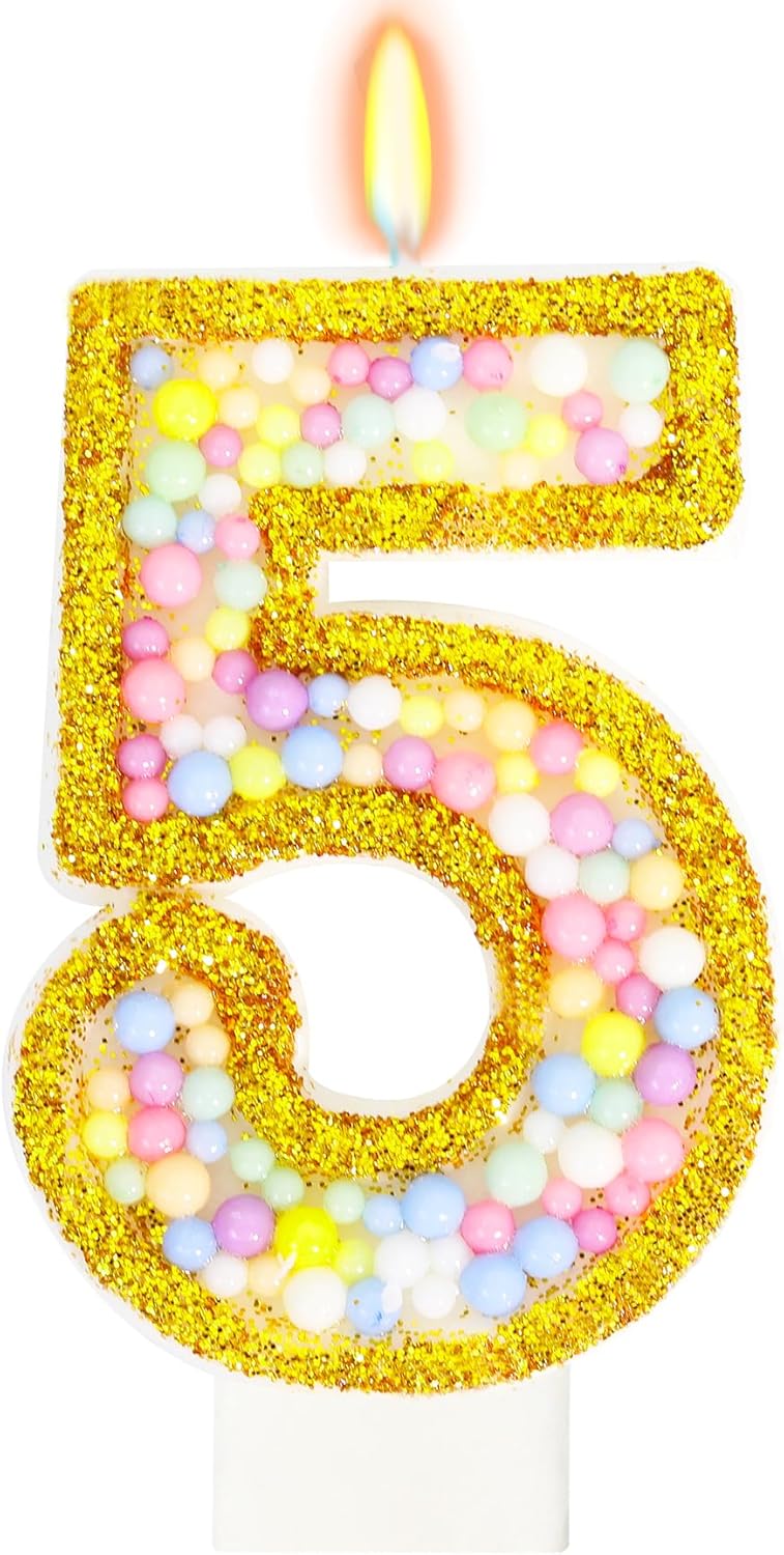 5th Birthday Candle for Cake, Colorful Macaron Numeral Candles for Girls/Boys, Sponge Birthday Party Cake Decorations, Golden Cake Topper(Number 5)