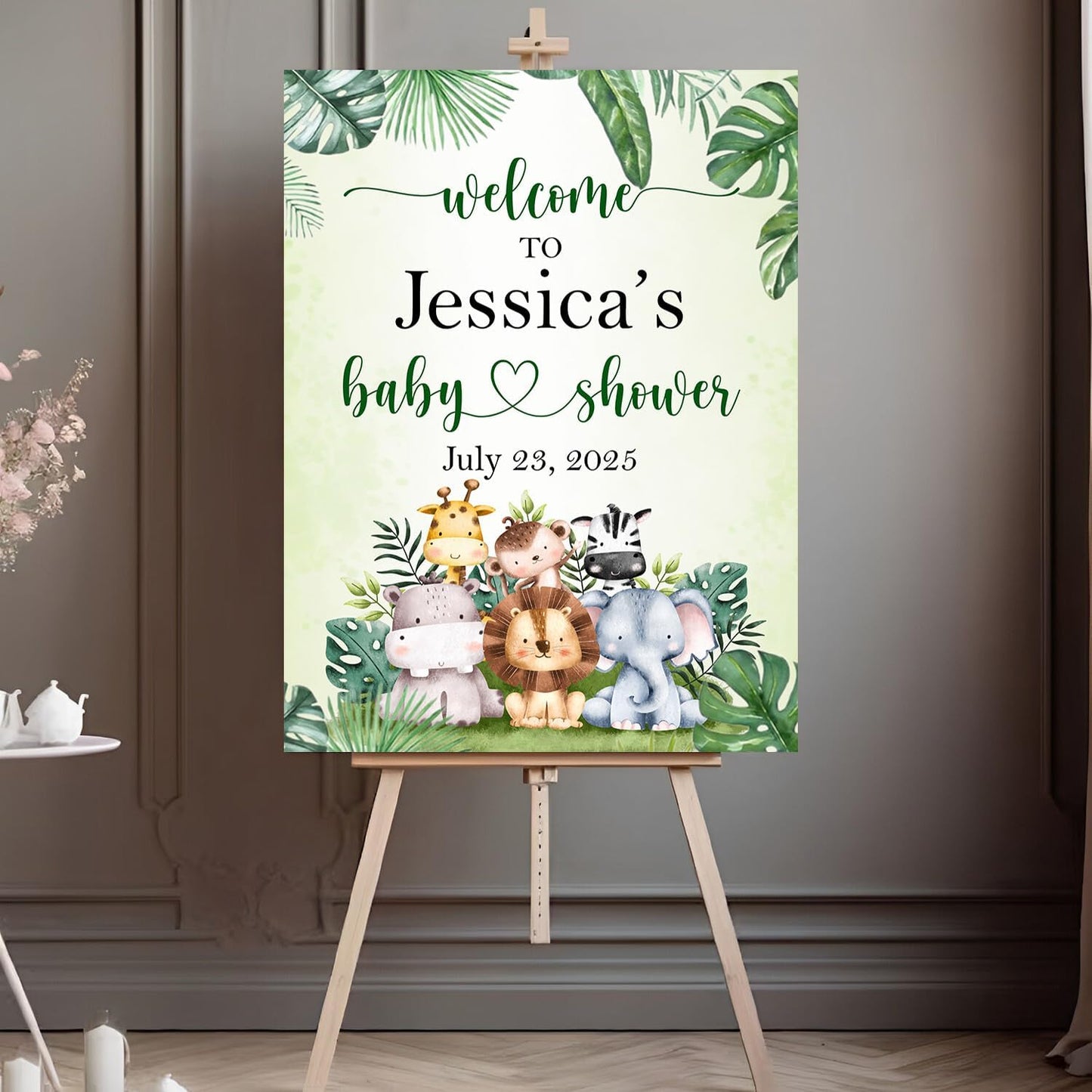 Custom Name Baby Shower Sign, Rustic Welcome Sign, Safari Animals, Gender Neutral, 12x18 inches, Plastic