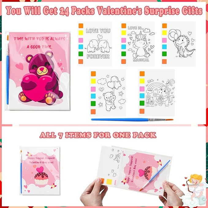 Valentines Day Gifts for Kids 24 Pack Watercolor Coloring Books with Valentines Day Cards Valentine Crafts for Boys Girls Toddlers Valentine Classroom Prizes School Gift Exchange Party Favors Supplies