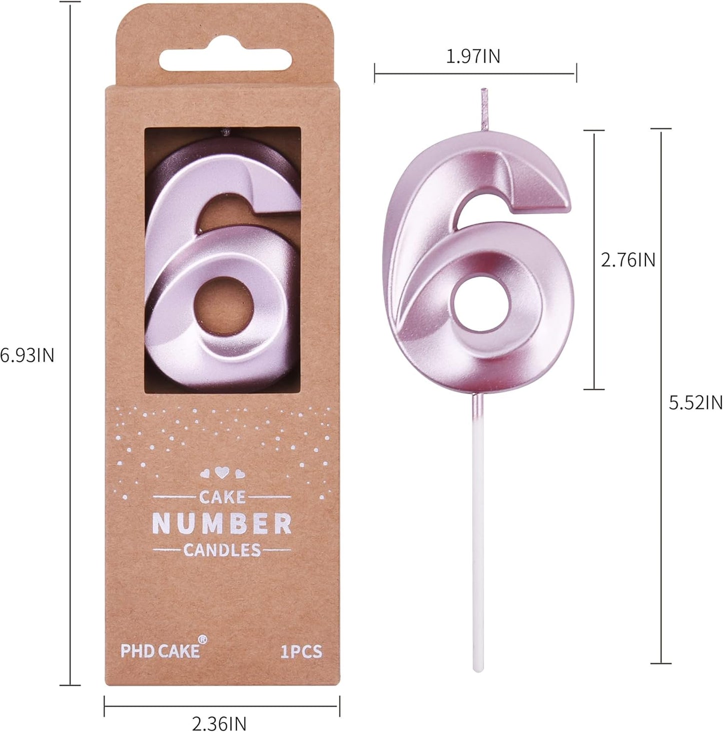 PHD Cake 2.76 Inch Diamond Rose Gold 6 Number Birthday Candles, Rose Gold & Cake Number Candles for Party Celebration