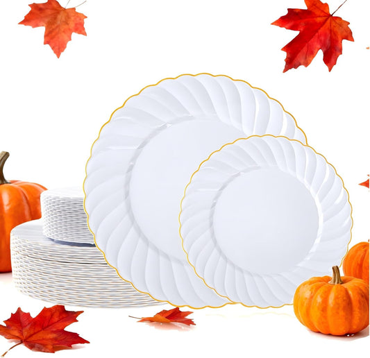 U-QE 60 Pcs Gold Plastic Plates for Party – Thanksgiving Plates Disposable Heavy Duty - White and Gold Plate Include 30 10" Dinner & 30 7" Dessert Plate, Perfect for Party & Wedding & Thanksgiving
