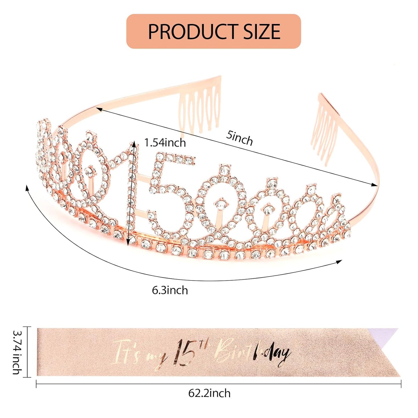CIEHER 15th Birthday Crown + 15th Birthday Sash + Pearl Pin Set, 15th Birthday Gifts for Girls It's My 15th Birthday Decorations Women Happy 15th Birthday Party Supplies