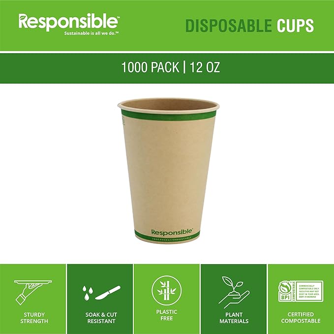 Responsible Products 12 oz Paper Hot Cups, Tree-Less™ Compostable Paper Coffee Cups, Extra Strength, Tree-Free and Made Without PFAS, Natural Brown (1000 Count)