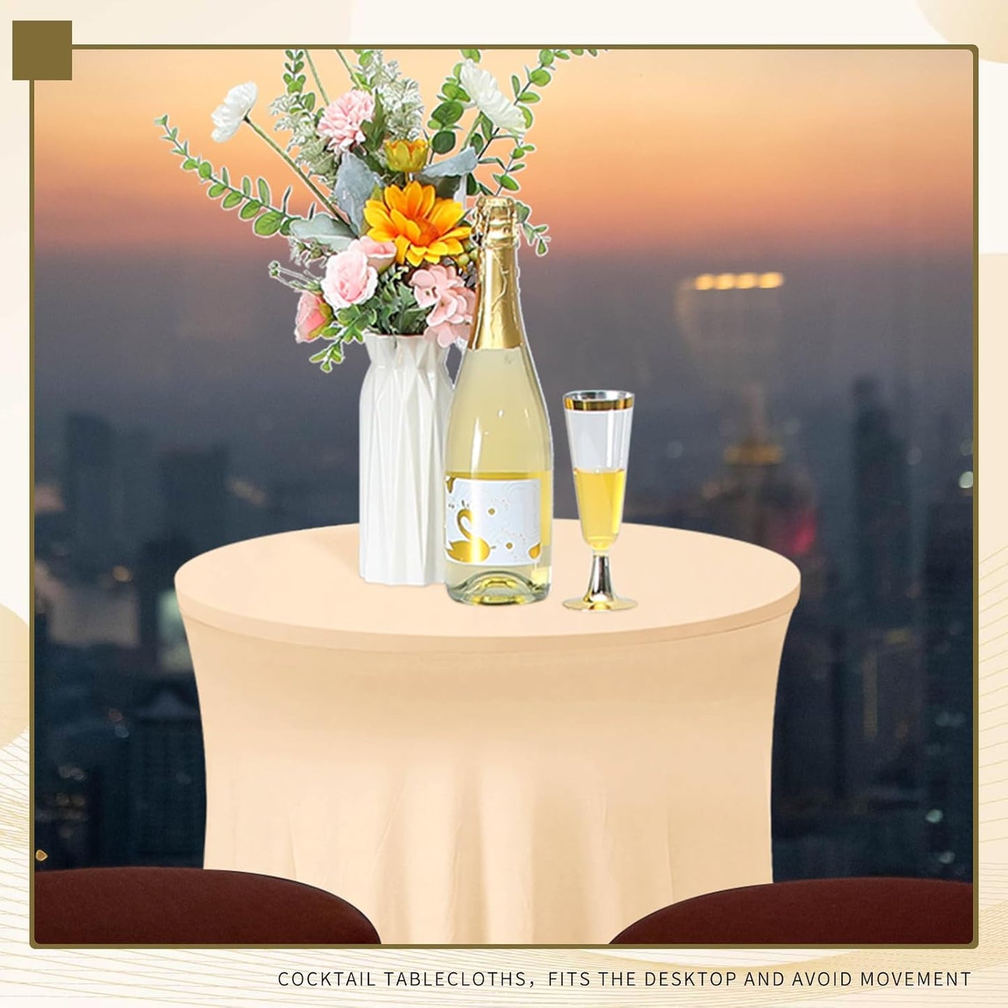 Tegeme 1 Pack 32 x 43 Inch Round Spandex Cocktail Tablecloths with Skirt Cocktail Round Table Cover Spandex Stretch Tablecloth for Fitted High Top Table Bar Wedding Party Banquet (Champagne)