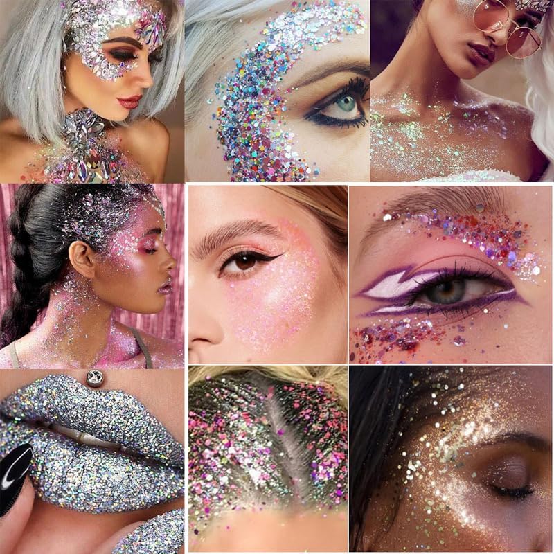 Face and Body Glitter Stick, Sparkly Chunky Hair Glitter Makeup, Holographic Sparkling Neon Outfit Singer Concert Music Rave Festival Party Accessories Glitter Gel. (Red & White & Green)