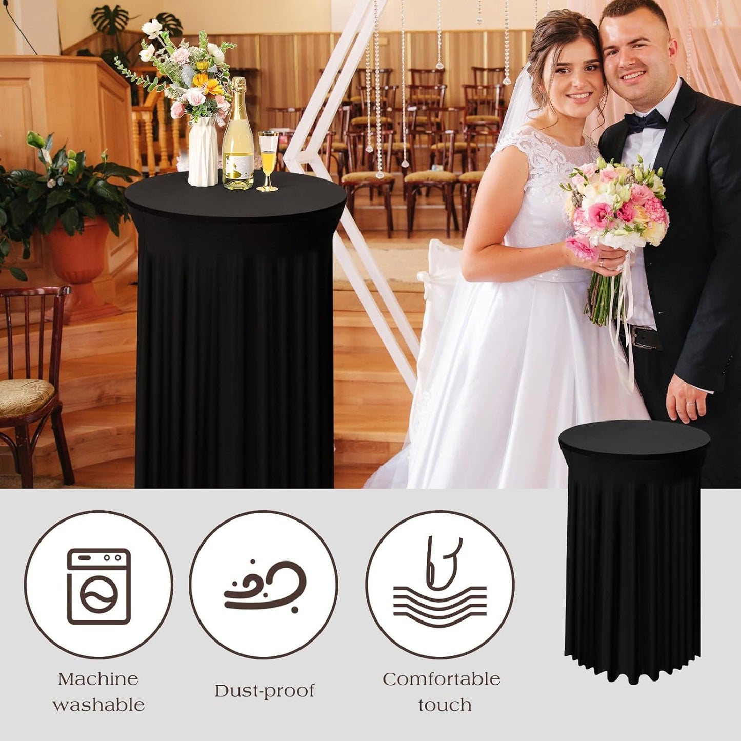Tegeme 1 Pack 32 x 43 Inch Round Spandex Cocktail Tablecloths with Skirt Cocktail Round Table Cover Spandex Stretch Tablecloth for Fitted High Top Table Bar Wedding Party Banquet (Black)
