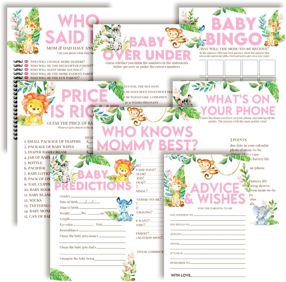 Amanda Creation Baby Shower Games 8 Game Set Watercolor Jungle Animals Girl 80 Double-Sided Cards for 20 Guests. Baby Shower Bingo, Baby Predictions & Activities for Guests. Theme for Girl