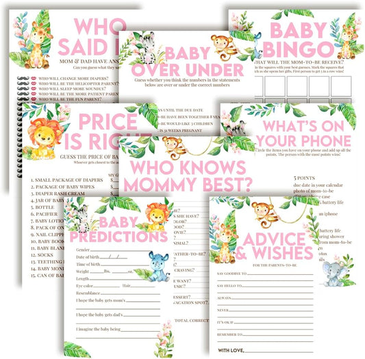 Amanda Creation Baby Shower Games 8 Game Set Watercolor Jungle Animals Girl 80 Double-Sided Cards for 20 Guests. Baby Shower Bingo, Baby Predictions & Activities for Guests. Theme for Girl