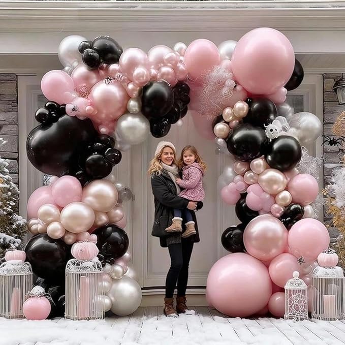 Pearl Pink Black Balloon Arch Kit, Double Stuffed Pastel Baby Pink Blush Silver Balloon Garland for Baby Shower Birthday Bridal Wedding Graduation Mothers Day Women Bachelorette Party Decoration