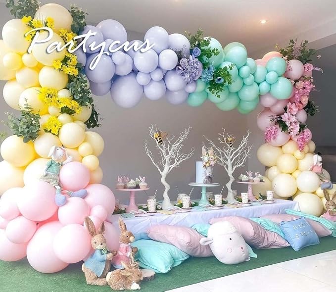 Pastel Balloon Garland Arch Kit Double Stuffed, Baby Pink Purple Yellow Green Balloons with Metallic Lilac Latex for Baby Shower Princess Birthday Spring Easter Flower Fairy Party Decoration