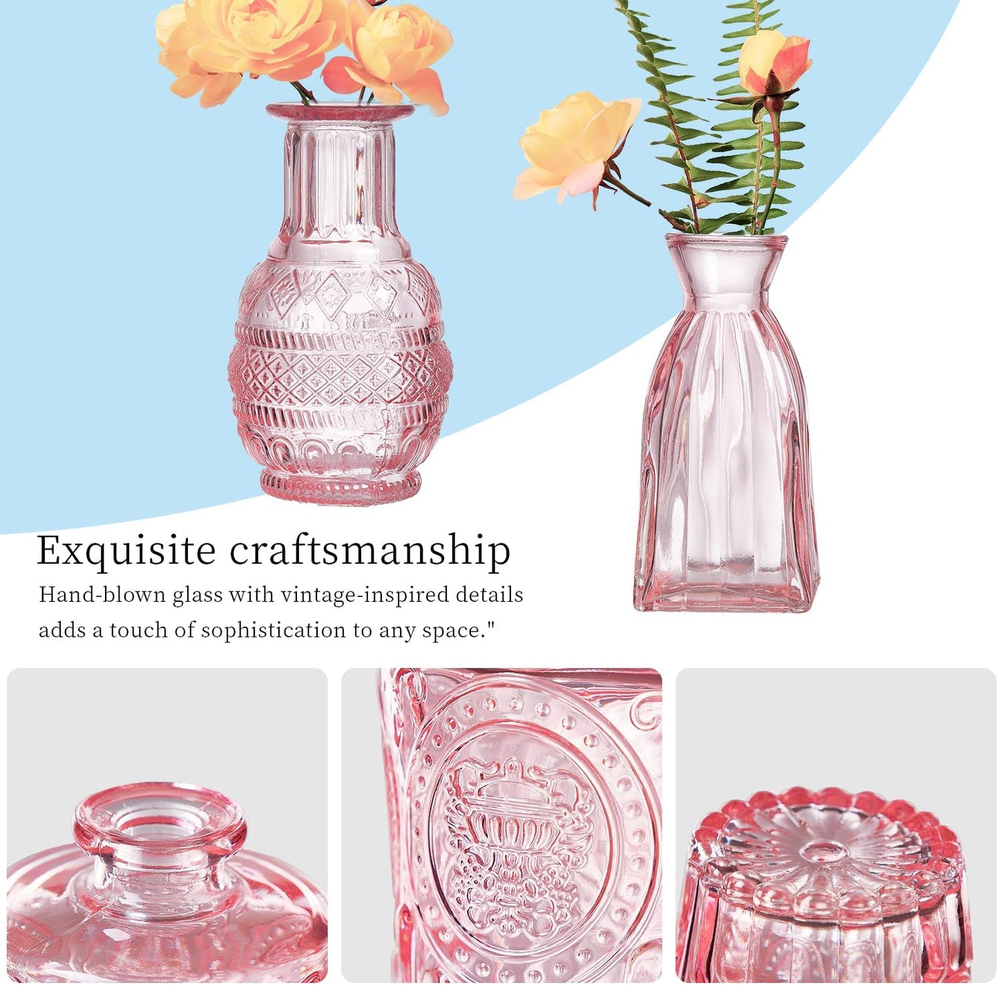 Glass Bud Vases Set of 16 - Pink Assorted Small Mini Glass Vases for Flowers, Crystal Vintage Vase Set, Bulk Centerpieces for Table Décor, Wedding, Home and Events (Pink, 16 Pcs)
