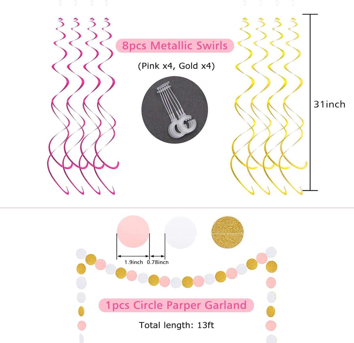 Pink Birthday Decorations with Happy Birthday Banner, Paper Honeycomb Balls, Circle Garland and Hanging Swirl Decorations