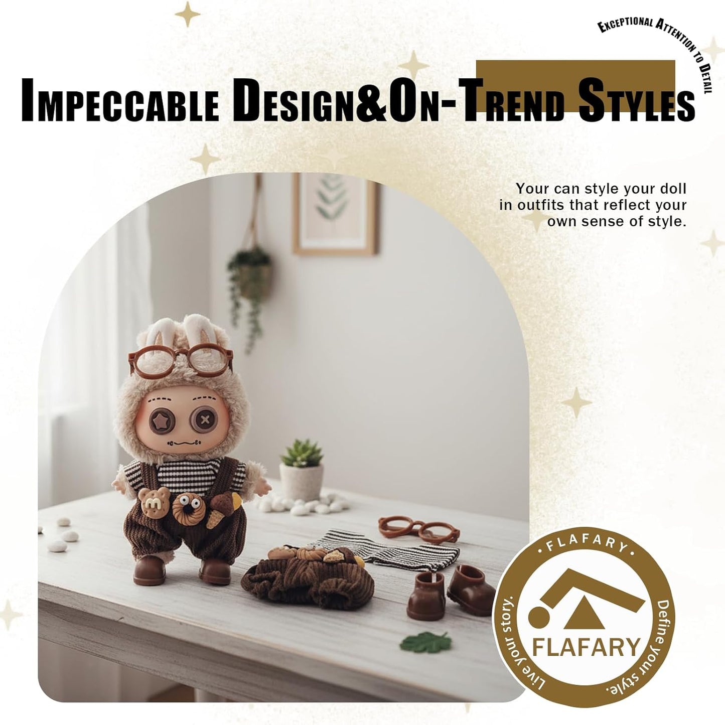 Doll Clothes for 17cm Dolls (No Doll Included) - Stylish and Adorable Outfits for Boys and Girls, Toy Fashion Accessories, Include Glasses, Canvas Shoes(Brown)
