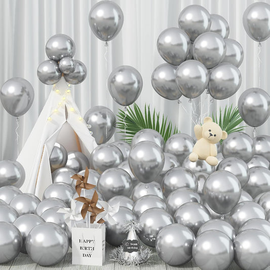 Metallic Balloons - 12 Inch, 100 Pack, Chrome Silver, Shiny Silver Latex Balloons for Birthday, Graduation, Anniversary, Wedding, Party Decorations