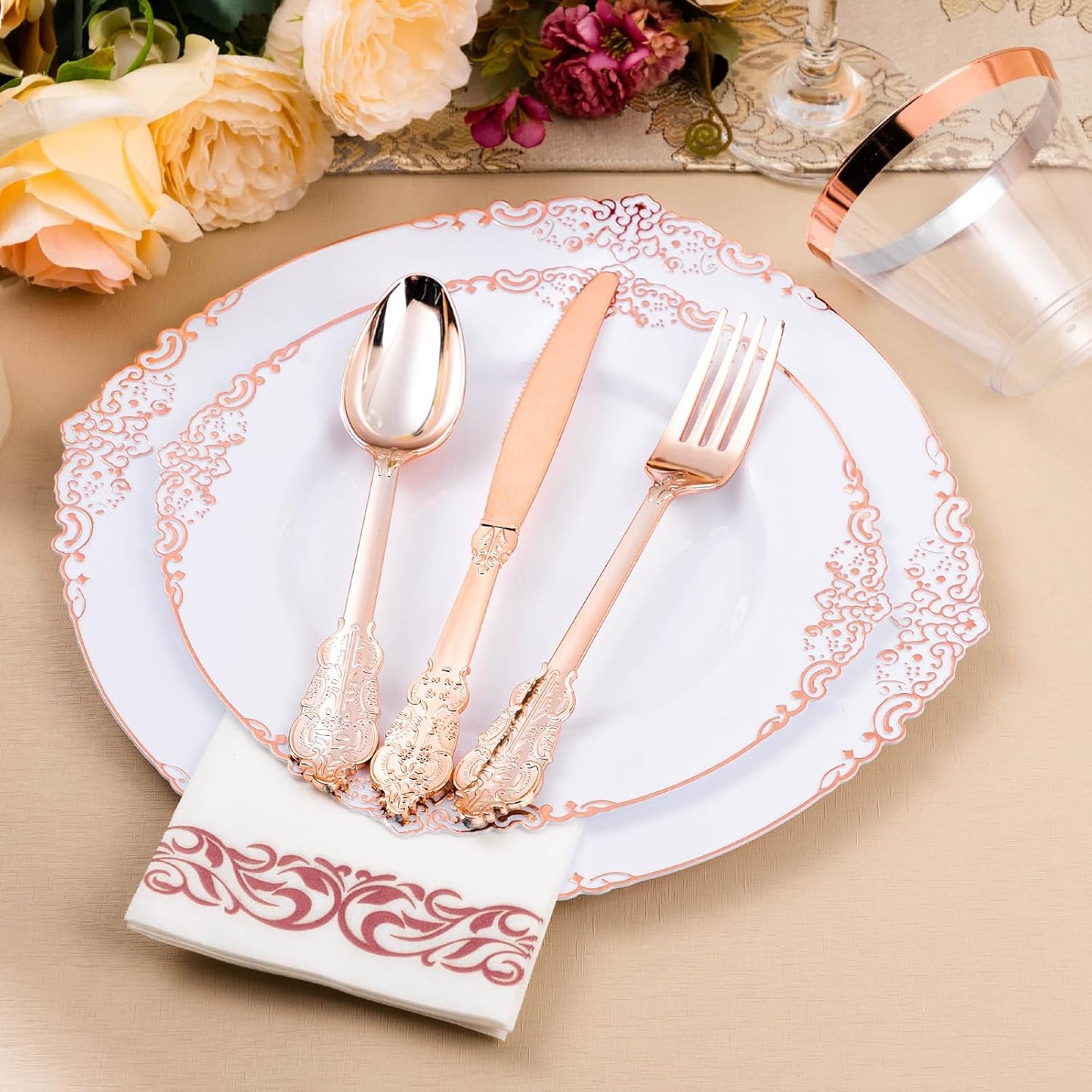 350PCS Rose Gold Plastic Plates for 50 Guests, Disposable Dinnerware Set Includes 100 Disposable Plates, 150 Rose Silverware, 50 Cups, 50 Napkins for Party, Wedding