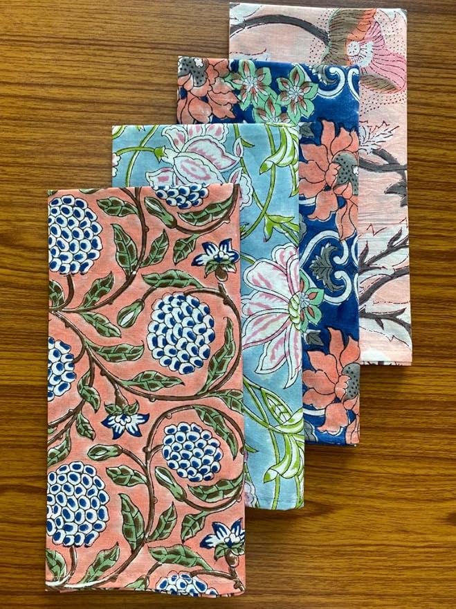 Ridhi Assorted Hand Block Print 100% Cotton Napkins 18" x 18" (Set of 4) Reuseable Kitchen Napkins Cloth Decor Dinner Party Wedding Cocktail Gift for Spring, Easter, Valentine