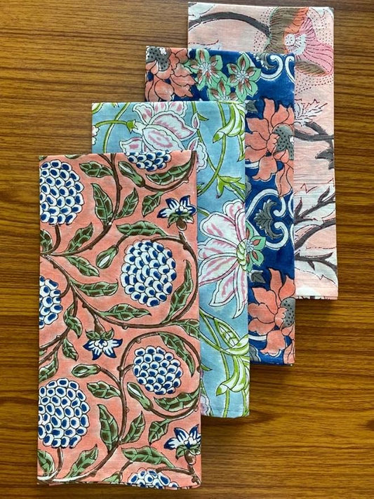 Ridhi Assorted Hand Block Print 100% Cotton Napkins 18" x 18" (Set of 4) Reuseable Kitchen Napkins Cloth Decor Dinner Party Wedding Cocktail Gift for Spring, Easter, Valentine