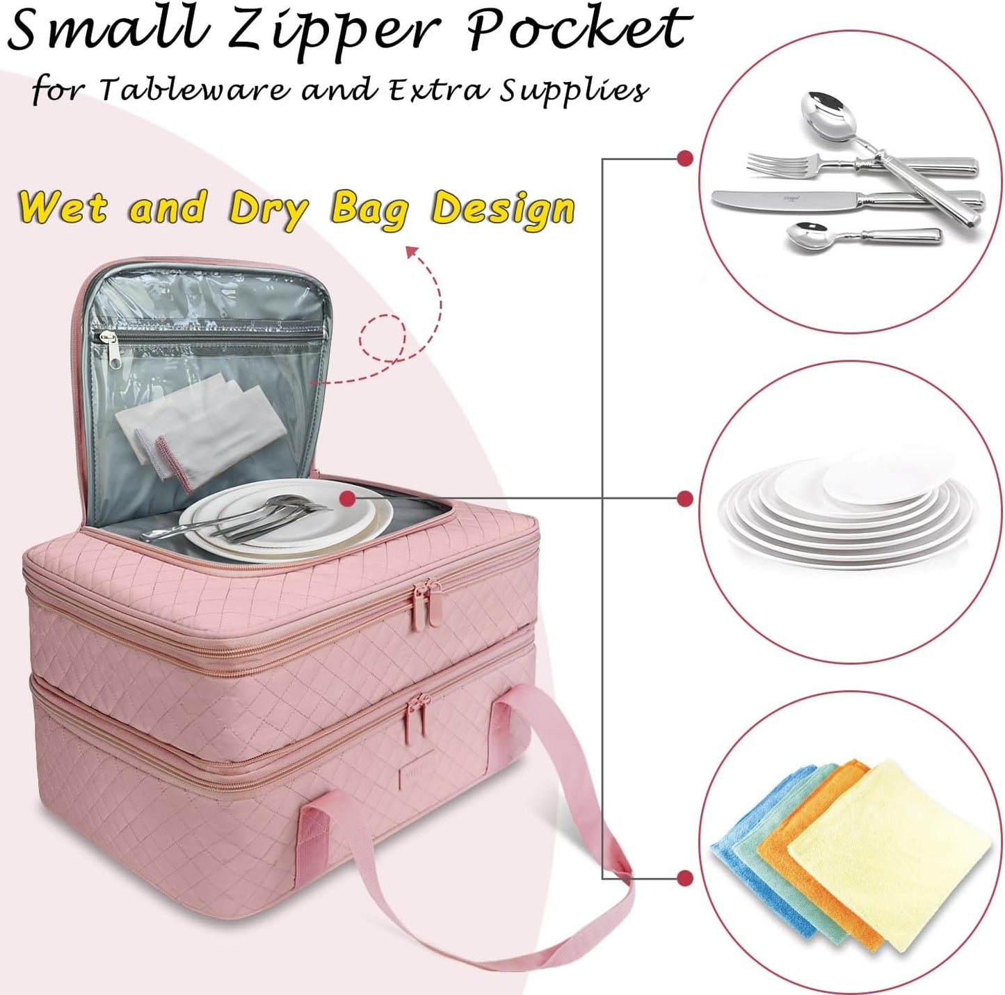 Vuudh Quilted Double Decker Casserole Carrier - Expandable Dish Carrying Case for Hot or Cold Food, Lasagna Holder for Potluck Parties, Picnic, Beach, Fits 9"×13" Baking Dish (Pink)