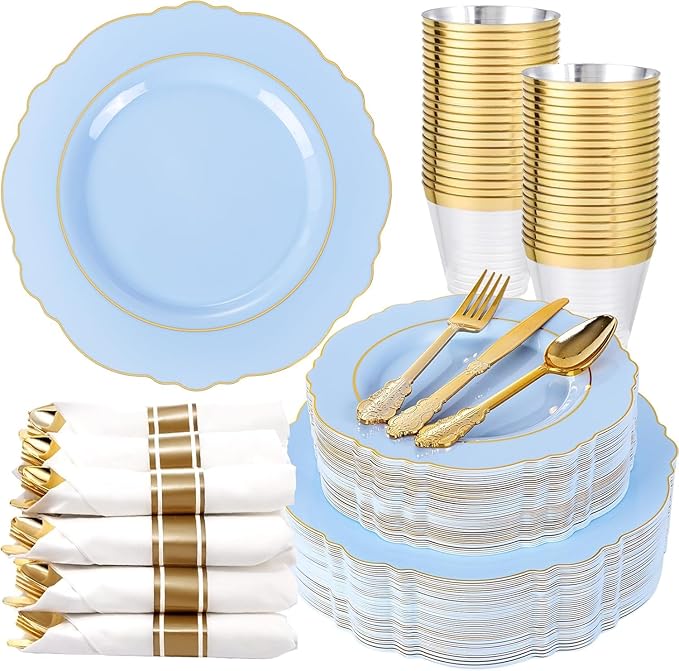 Liacere 175PCS Bule Plastic Plates - Disposable Ligh Bule and Gold Plates - Baroque Plastic Dinnerware 50Plates, 25Pack Pre Rolled Napkins with Silverware 25Cups for Baby Shower Party &Easter Day
