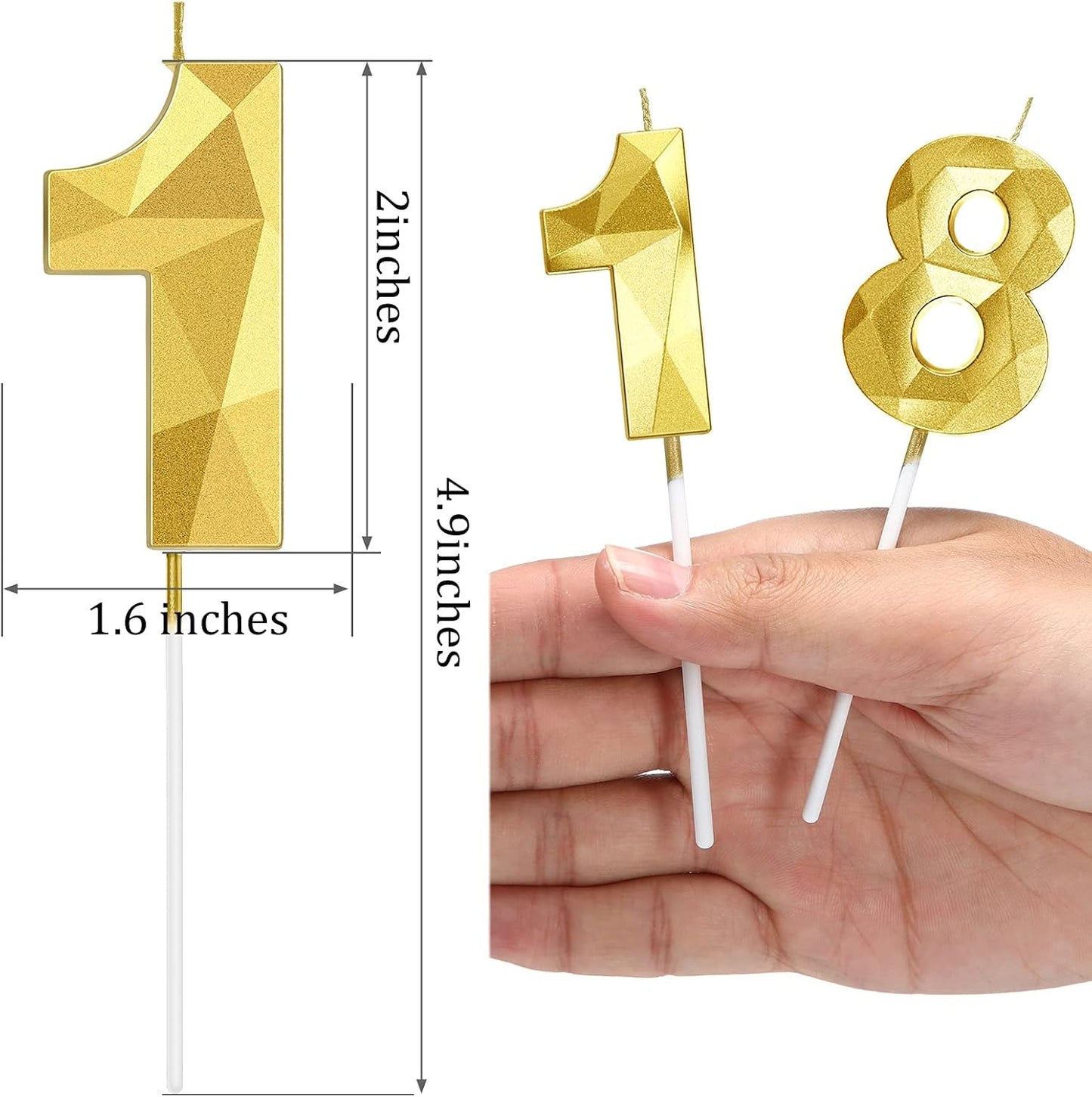 18th Birthday Candles, Gold 3D Diamond Shape Number 18 Candles Happy Birthday Cake Topper Decoration for Wedding Decor Theme Party Anniversary, 2 Inch