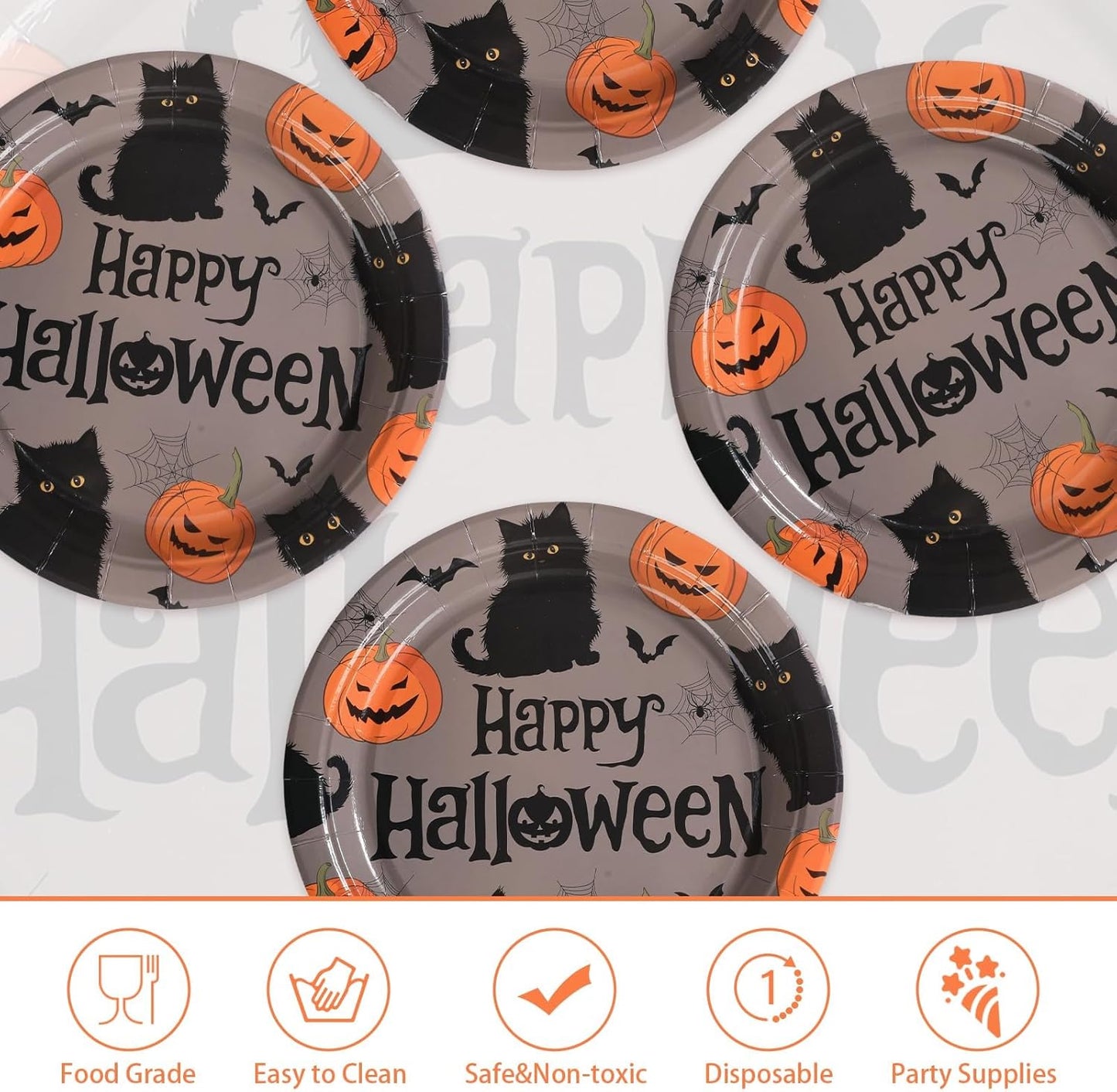 Grencian 50Pcs Halloween Black Cat Plates 9” Disposable Heavy Duty Orange Pumpkin Paper Plates For Halloween Yard Black Cat Party Decorations Supplies