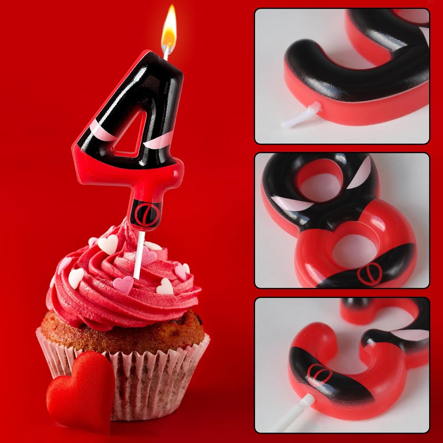 Black Red Mask Number 4 Birthday Candles - Comic Themed Cake Topper for Birthday Decorations Supplies, 4 Candle Party Favors (Number 4)