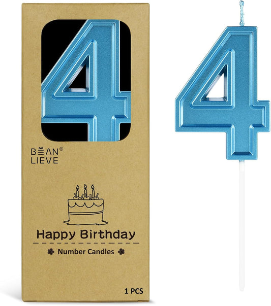 BEAN LIEVE Blue Birthday Candles Number 4, Blue Number Candles, Cake Number Candles for Birthday Parties and Wedding Anniversary Celebrations