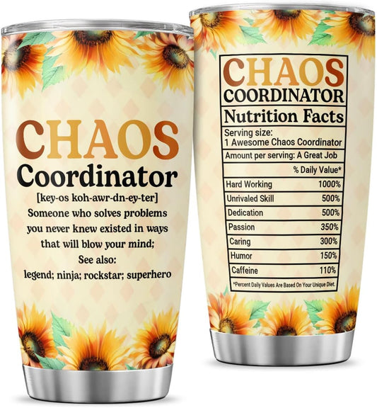 Chaos Coordinator Gift for Women with Sunflower Design, 20oz Stainless Steel Insulated Tumbler for Coworkers, Bosses, Teachers, Moms, Appreciation Birthday Thank You Present