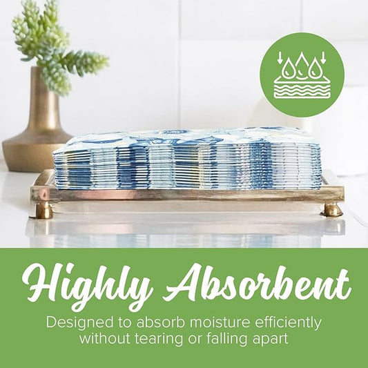 SimuLinen Blue Garden Floral Disposable Hand Towels for Bathroom, Single-Use Linen-Feel Guest Towels, Hand Tissue Paper, Cloth-Like Paper Napkins, Pack of 300