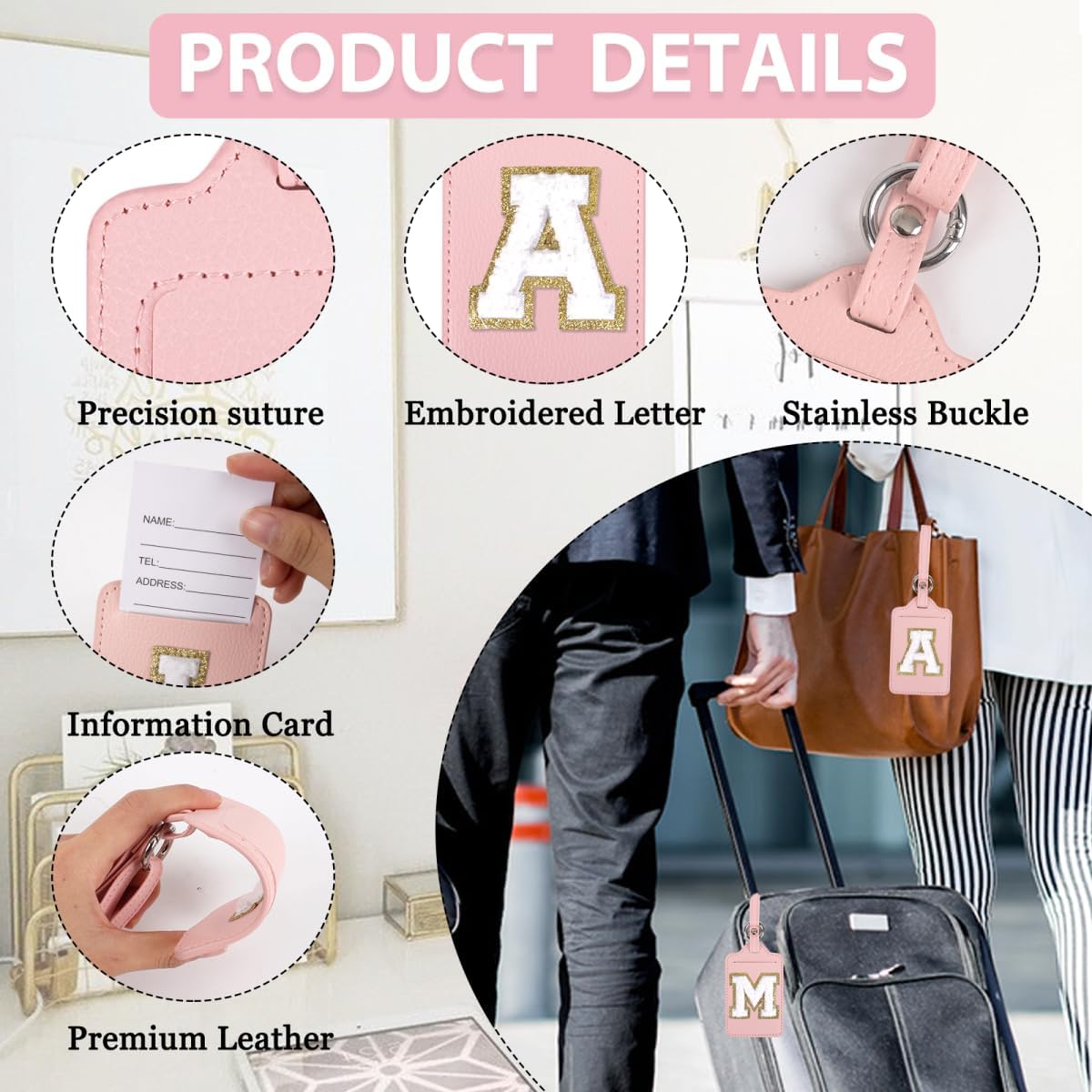 Personalized Initial Luggage Tags for Suitcases, Leather Chenille Letter Cute Luggage Tags with Privacy Name Card, Embroidered Travel Bag Backpack Tags Gifts for Women Kids Girls Teens(Pink-T)