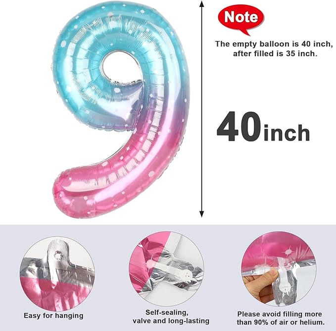 40 Inch Pink Purple Blue Numbers 9 Balloon, Balloons Decorations for 9 19 90 Birthday Party, Engagement, Wedding, Graduations, Photo Shoot Supplies