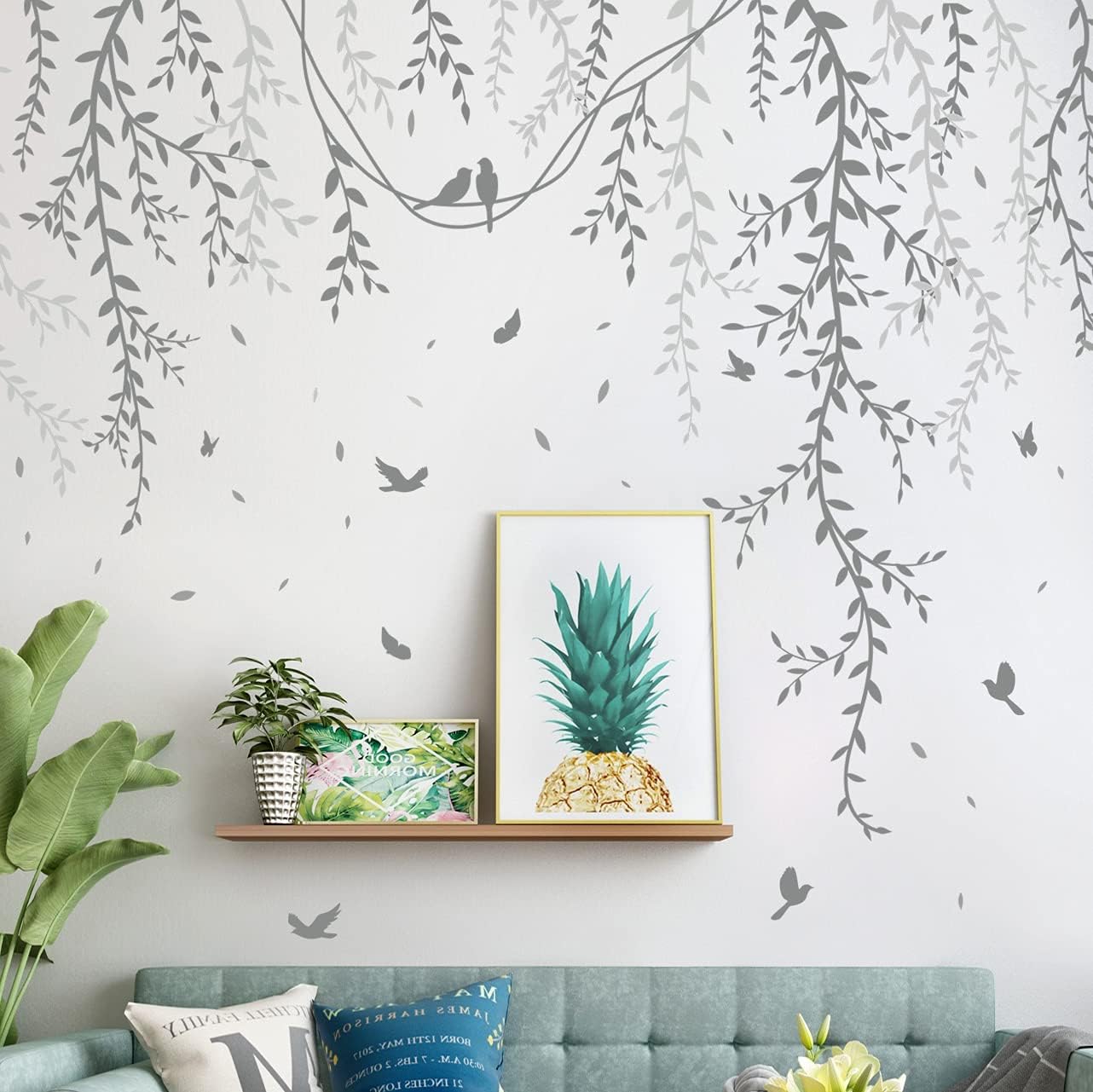 Hanging Willow Branch Wall Stickers DIY Grey Vine Leaf Plant Wall Decals Peel and Stick Grass Birds Butterfly Art Mural Decortions for Kids Baby Girls Nursery Bedroom Living Room Offices Classroom