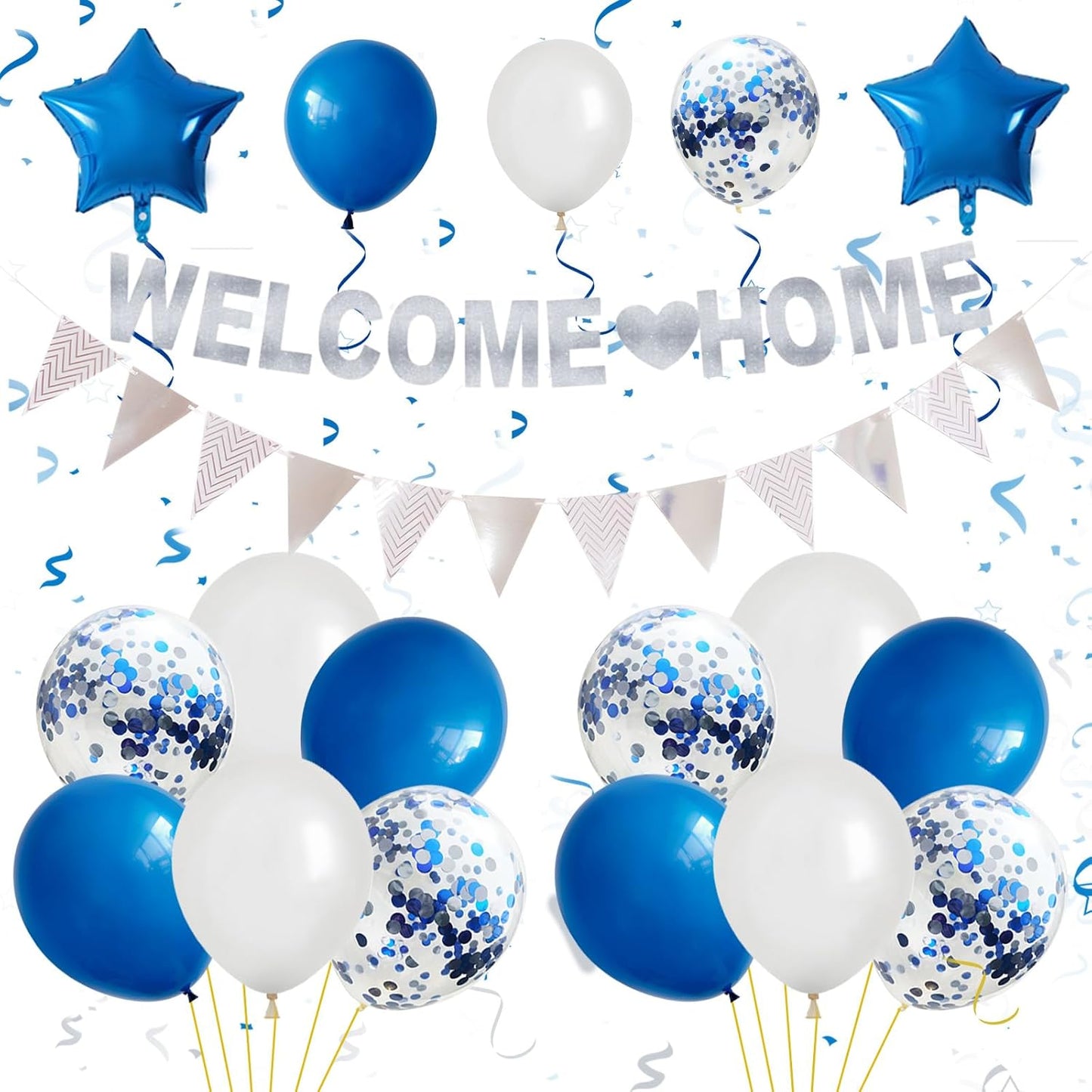 Welcome Home Decorations,Blue Silver Welcome Home Balloons Banners Set,Welcome Home Glitter Banner with Confetti Balloons,Pennant Flag Bunting for Home Family Baby Shower Party Supplies