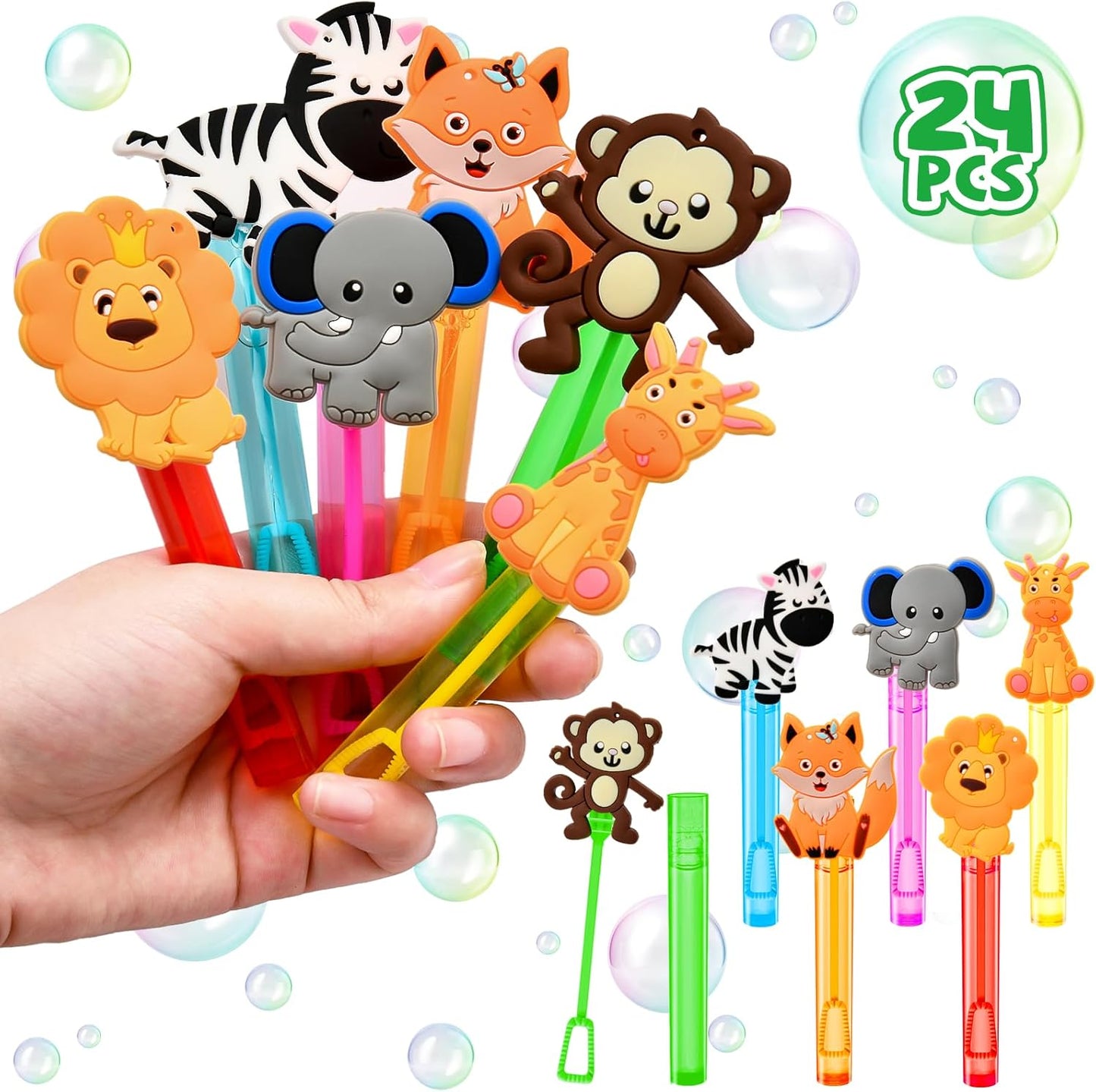 Winrayk Safari Party Favors, 24Pcs Jungle Animals Mini Bubble Wands for Kids Bubbles Bulk with Detachable Topper (6 Styles & Colors), Birthday Goodie Bag Stuffer Classroom Prizes Wild One Party Favors