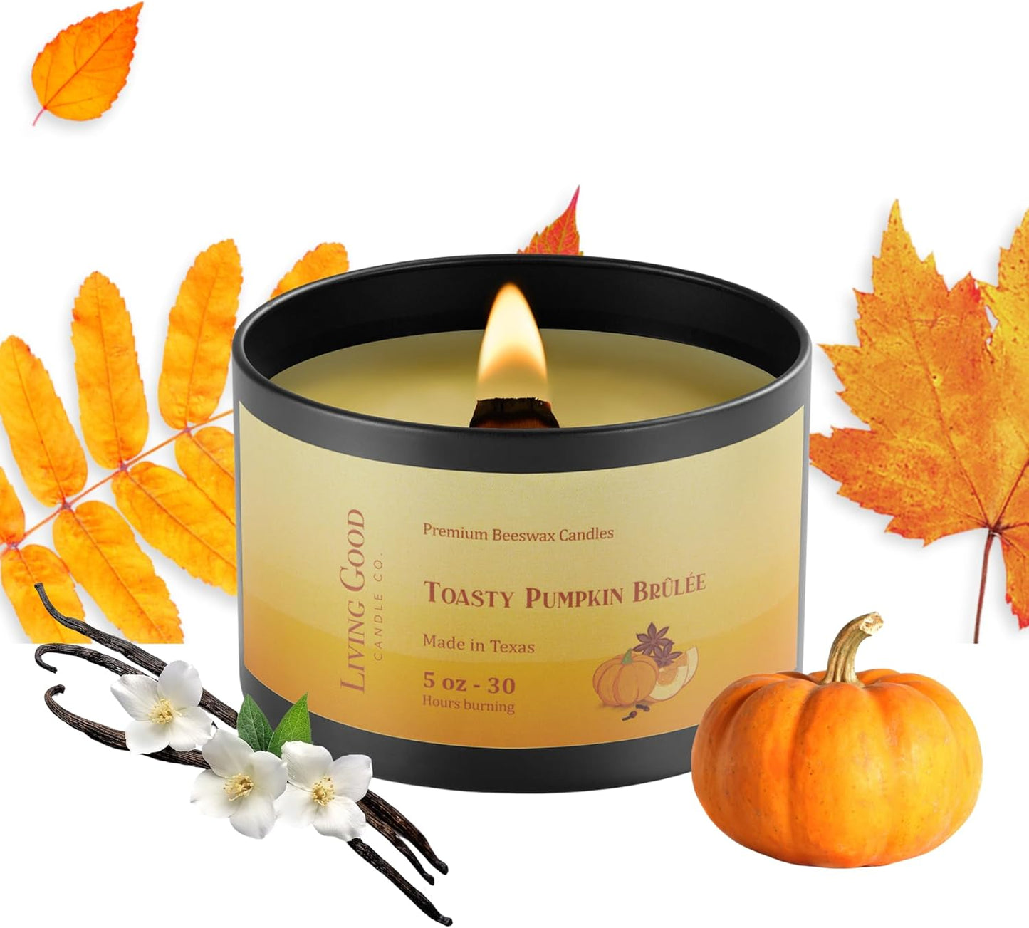 Toasty Pumpkin Brulee - Sweet Pumpkin & Vanilla with Earthy Nutmeg & Cardamom - Perfect Cozy for Fall - Pure Beeswax Candles - 30+ Hours Long Burning - Non-Toxic for Autumn Home Decor - 5 OZ