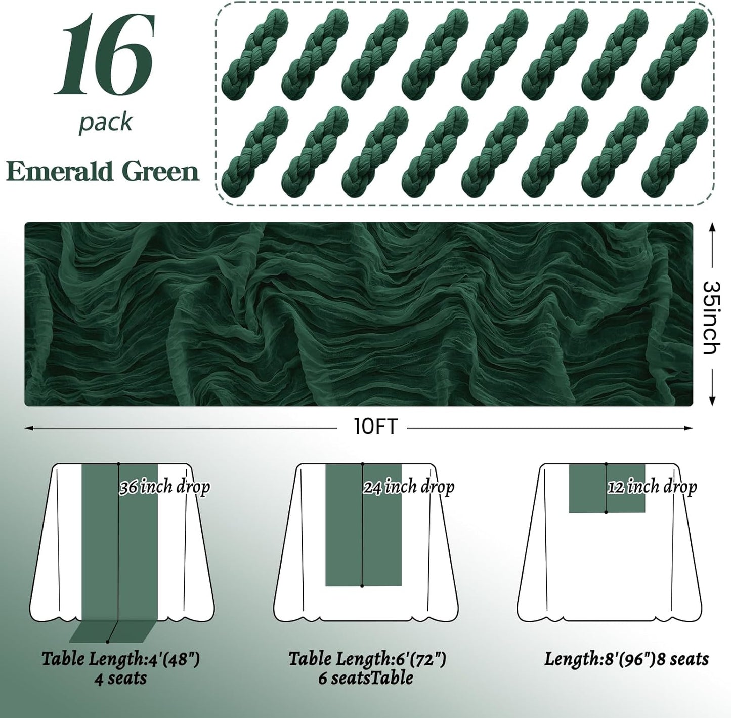 16Pack Emerald Green Table Runner 10FT Cheesecloth Table Runner 35x120Inch Long Boho Cheese Cloth Table Runners Rustic Gauze Table Runners for Party Wedding Bridal Shower Baby Shower Decorations