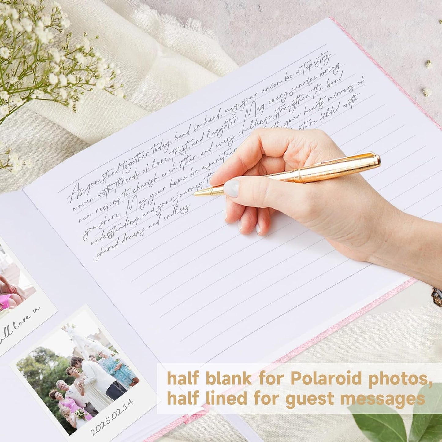 Wedding Guest Book with Personalized 2025 Year - Linen Photo Guest Book for Wedding Reception Bridal Shower Guests to Sign - 100 Pages Blank and Lined Acid Free Paper (Pink,)