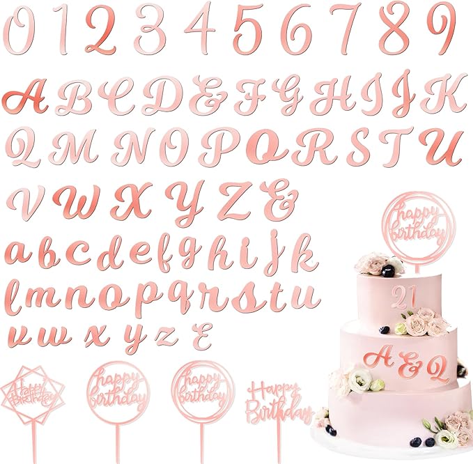 Teenyyou 68 Pcs Acrylic Alphabet Number Cake Topper 0-9 Number and A-z Letters Personalized Cake Picks Decor DIY Name Cupcake Toppers Christmas Wedding Baby Shower Party(Rose Gold)