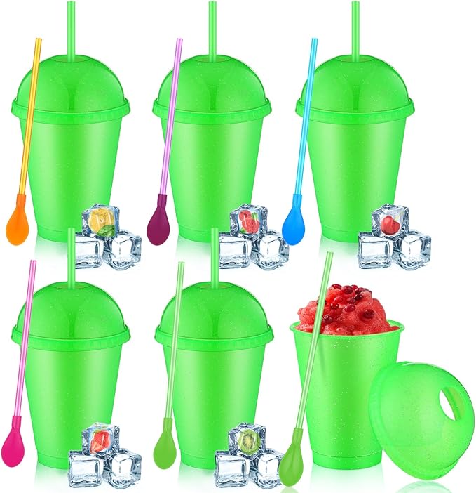6 Set Slushie Cups with Dome Lids and Straws Detachable Spoon Straws Reusable Plastic Iced Coffee Cups Smoothie Tumbler for Birthdays Summer Party Supplies(Green,16 oz)