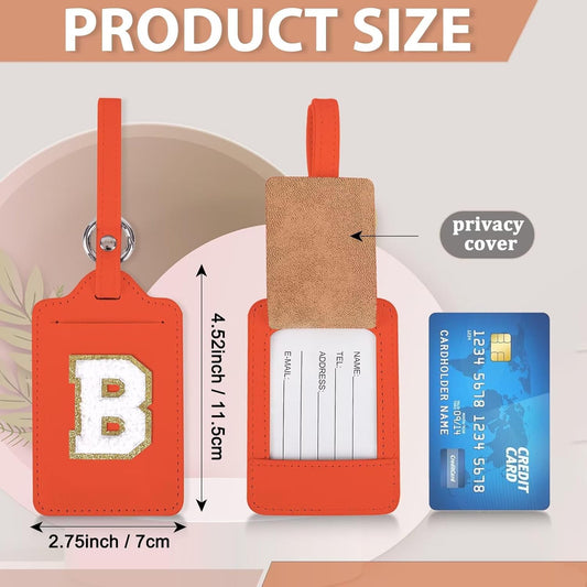 Personalized Initial Luggage Tags for Suitcases, Leather Chenille Letter Cute Luggage Tags with Privacy Name Card, Embroidered Travel Bag Backpack Tags Gifts for Women Kids Girls Teens(Orange-B)
